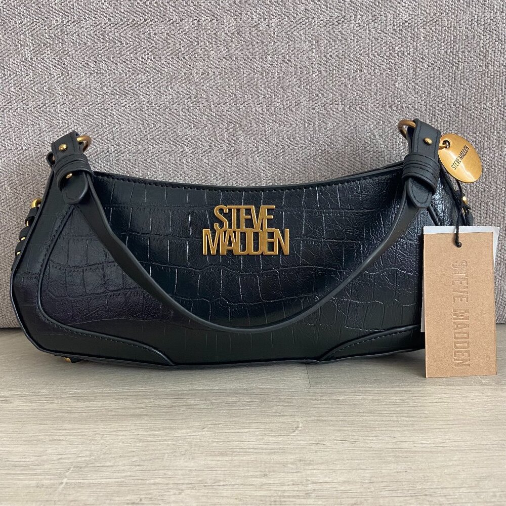 Steve Madden Crocodile Embossed Leather Handbag|Black Croc Baguette Shoulder Bag